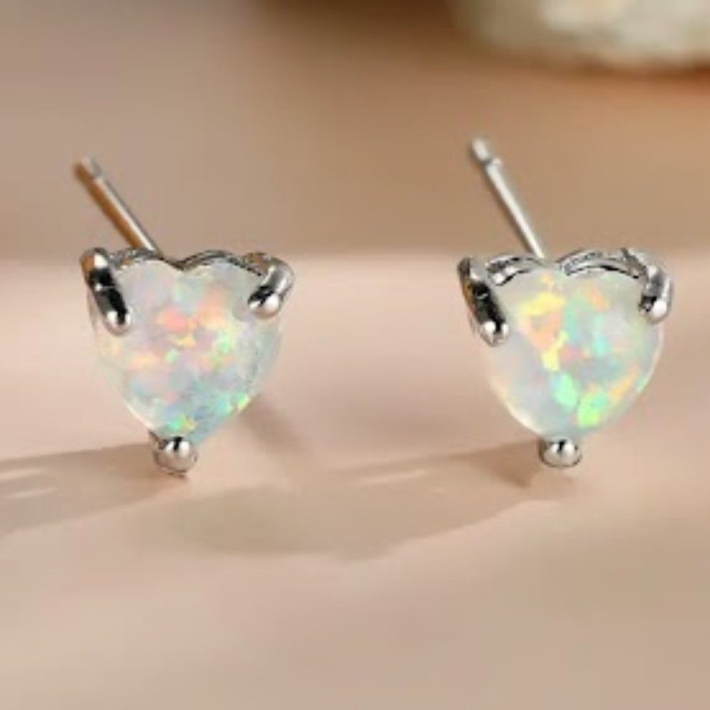 Dazzling White Opal Stone Silver Color Heart Stud Earrings